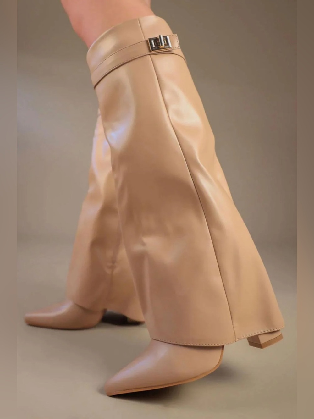 Faux Leather Fold Over Knee High Boots